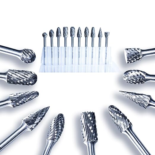 Carbide Double Cut Rotary Files Set of 10 PCS 1/4" Cutting Diameter 1/8" Shank Carbide Burrs of Rotary Tools for Metalworking, Wood Carving