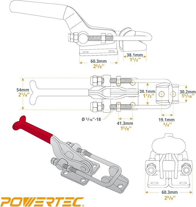 POWERTEC 2PK Toggle Clamp, 2000 lbs Holding Capacity, 40341 Adjustable U Bolt Latch w/Antislip Hand Grip for Woodworking Jigs & Fixtures, Smoker, Tire Carrier, Tool Box, Cabinet, Truck (20306-P2)