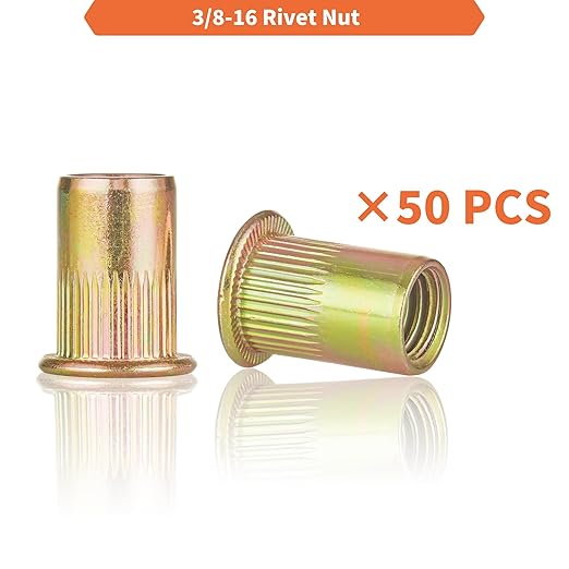 Rivet Nut Installation Tool Set Flat Head Rivnut Threaded Insert Nut Kit SAE & Metric for Metal Heavy Duty Zinc Plated Nutsert (3/8-16(Rivet Nut-50pcs))