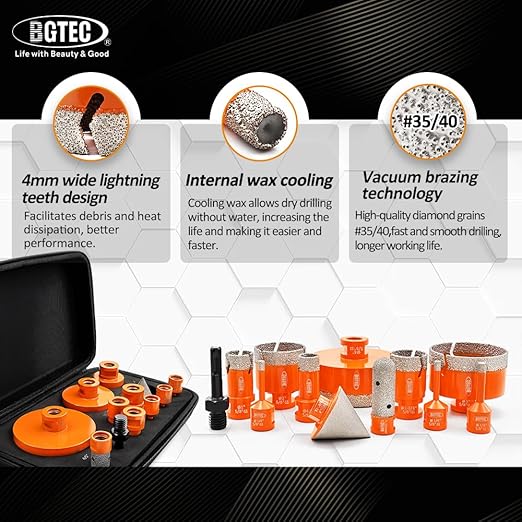 BGTEC Diamond Hole Saw Kit Marsonry Drill Bits,5/8-11 Thread 12pcs 6/6/8/20/25/35/50/75/100mm Drill Bits+20mm Milling Finger Bit+2" chamfering Bit+SDS for Granite Marble Porcelain Tile Ceramic