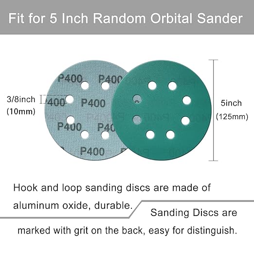 5 Inch 8 Hole Sanding Discs, 90 Pcs Wer Dry Sanding Disc Set 400 600 800 1000 1500 2000 Assorted Grits Hook and Loop Green Polyester Film Backed Sandpaper with Interface Pad for Random Orbital Sander