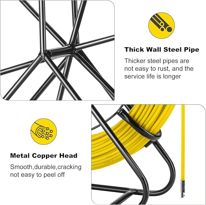 6MM x 656FT (200M) Fiberglass Fish Tape with Steel Reel Stand, Duct Rodder Cable Puller Tool for Electrical Wiring, Conduit, Wall Pipes