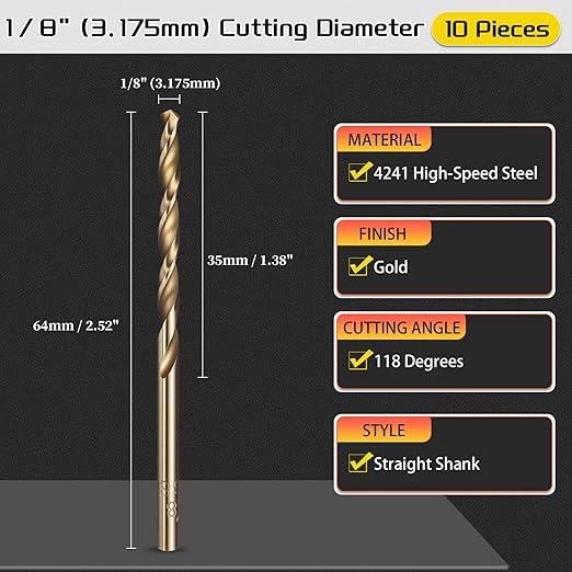 Drill Bit, 1/8" Cutting Diameter (3.175mm), 4241 HSS Gold 118° Cutting Angle Versatile Jobber Bits - (Applications: for Drilling Plastic Wood Soft Thin Metal), 10-Pieces