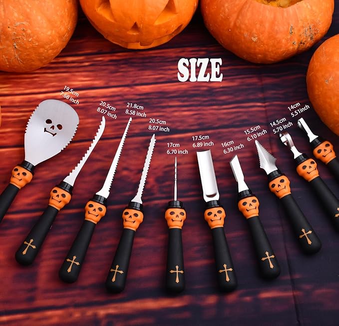 21 Pieces Comfort Grip Pumpkin Carving Kit with Gift Box and Carrying Case Heavy Duty Stainless Steel Pumpkin Carver Tools Pumpkin Sculpting Set and 10 Stencils for Halloween Jack-O-Lanterns (BLACK)