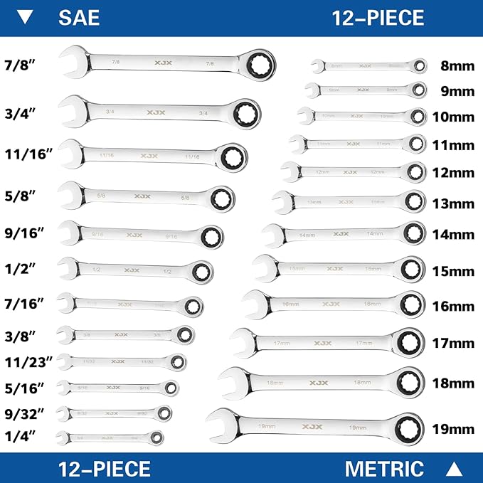 XJX 24PCS Ratcheting Combination Wrench Set | SAE & Metric | 12 Point | 1/4”to 7/8” and 8-19mm | CR-V Steel | Ratchet Wrenches Set with Portable Roll-Up Pouch