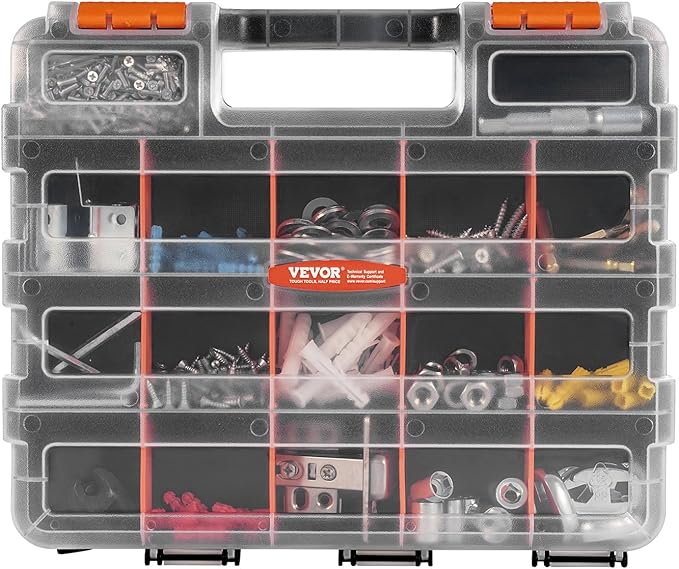 VEVOR Small Parts Organizer, 34-Compartment Double Side Tools Organizer Box with 24 Removable Dividers, PP Hardware Storage Box with Safety Latch & Portable Handle for Nuts, Bolts, Screws, Nails