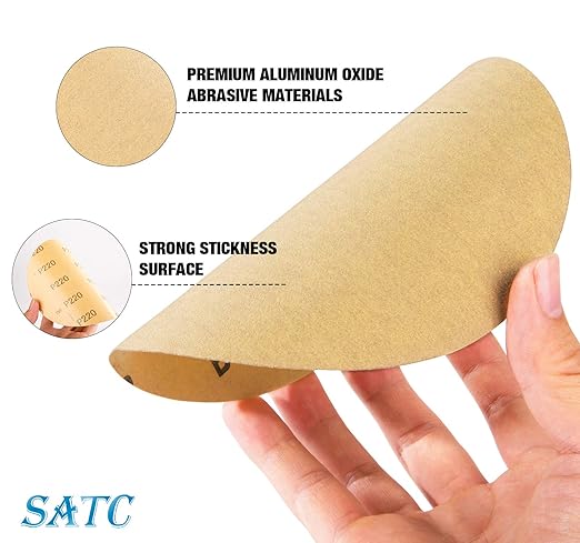 S SATC 100 PCS PSA Sanding Discs 6 Inch Adhesive Backed Sandpaper 220 Grit Sander Attachment for Drill Self Stick Aluminum Oxide Round Automotive Sandpaper with Sticky Back