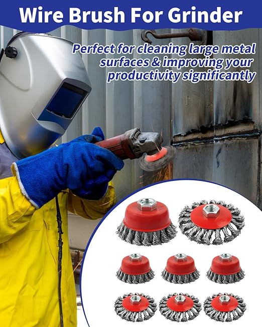 Rocaris Wire Wheel Cup Brush for Grinders, 8 Pack Wire Wheels for 4 1/2 Angle Grinder, 3 & 4 Inch Twisted Knotted & Coarse Crimped Cup Brush