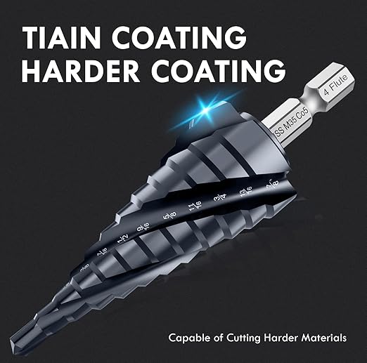 𝗠𝗔𝗖𝗫𝗖𝗢𝗜𝗣 𝗙𝗼𝘂𝗿 𝗦𝗽𝗿𝗶𝗮𝗹 𝗙𝗹𝘂𝘁𝗲 M35 Cobalt Step Drill Bit, 3/16"-7/8" Ultra 𝗧𝗶𝗔𝗜𝗡 Coated, 1/4" Hex Shank Drill Bit for Metal, Stainless Steel, Aluminum, Copper, Wood, PVC