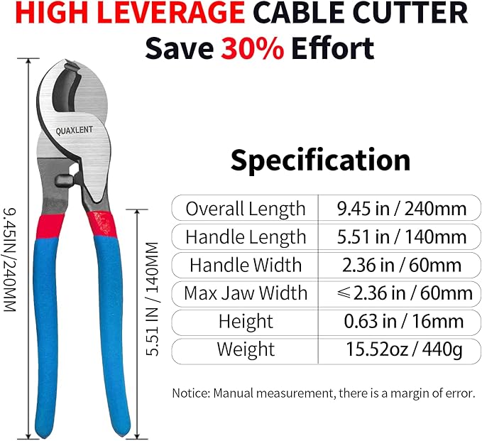 10 Inch Large Cable Cutter Heavy Duty High Leverage Big Wire Cutting Plier Tool for 4/0 Aluminum 2/0 Soft Copper and 100PR 24AWG Comm Cable, Blue