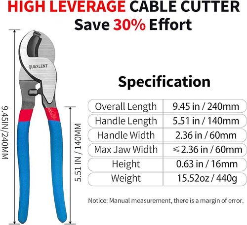 10 Inch Large Cable Cutter Heavy Duty High Leverage Big Wire Cutting Plier Tool for 4/0 Aluminum 2/0 Soft Copper and 100PR 24AWG Comm Cable, Blue