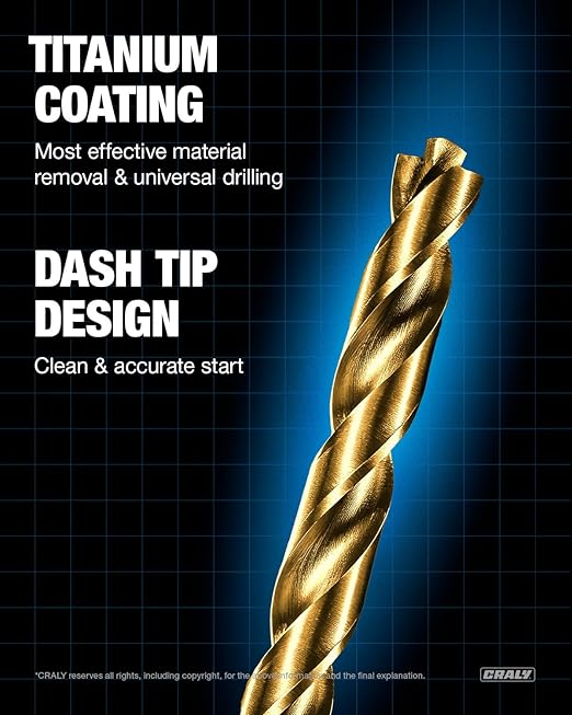 CRALY 1/4 Inch 10-Pc Cobalt Drill Bit Pack, M35 HSS Titanium Coated Jobber Length Twist Drill Bits, Dash Tip & 135 Degree Split Point, 3-Flat Shank, for Hard Metal, Stainless Steel, Cast Iron, Plastic