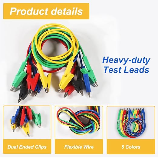 5PCS Alligator Clips Test Leads, 15A Wire Cable With Insulators, 3.3 ft/1m for Electrical Testing