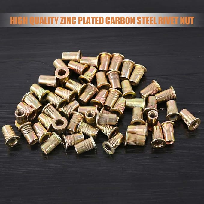 Keadic 150Pcs M3 Rivet Nuts Metric Zinc Plated Rivet Nut Carbon Steel Rivet Nut Flat Head Threaded Insert Kit Threaded Rivet Insert Nutsert Rivnuts Kit for Furniture