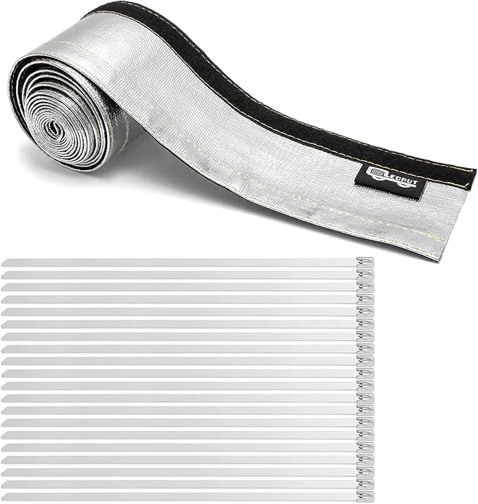 Heat Shroud Aluminized Sleeving Heat Shield Fuel line Wire Heat Sleeve 1" I.D. x 10FT with 20 Pcs 7.8Inch Stainless Steel Cable Metal Zip Ties
