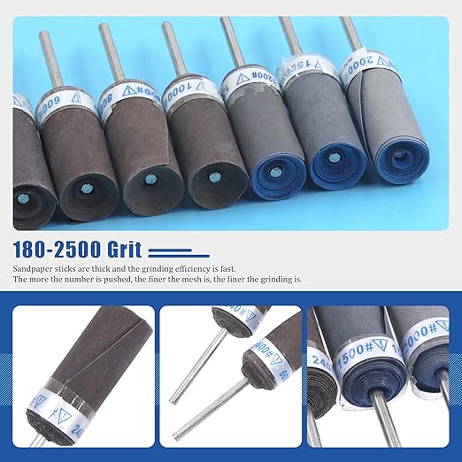Glarks 10Pcs Sanding Drums Sleeves Polishing Rolls, Abrasive Grinding Head Sandpaper Bar Sticks, 180/240/320/400/600/800/1000/1200/1500/2000 Grit Cylinder Polishing Grinding Mounted Sanding Points