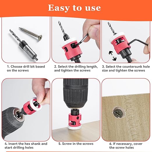 5 Pcs Hex Shank Countersink Drill Bit Set with Low Friction Depth Stop, 1/8" 9/64" 5/32" Drill+3/8” 82° Counter-Bore,11/64" 3/16" Drill+ 1/2" 82° Counter Bore,HSS M2 Tapered Bits