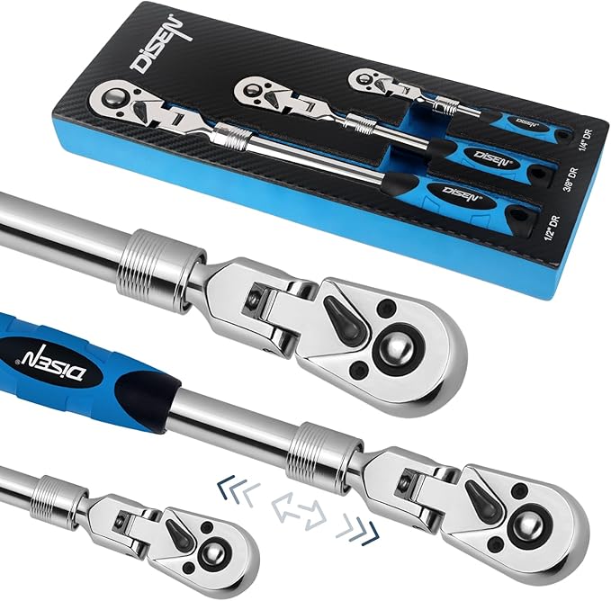 DISEN 3-Piece Extendable Flex-Head Ratchet Wrench Set with EVA Storage Case - 1/4", 3/8", 1/2" Drive, 72-Tooth, Rubber Grip, Adjustable Length - Professional Automotive and DIY Tools