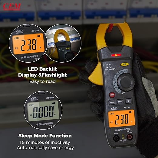 CEM Digital Clamp Meter with O-Shaped Jaw, Auto-ranging Voltage Tester with Flashlight Backlight, Clamp Multimeter for Measuring AC/DC Voltage AC Current Temperature Continuity Diode NCV DT-380