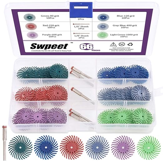 Swpeet 66Pcs 1 Inch 6 Mixed Grit 80/120/220/400/600/1000 Radial Bristle Disc Abrasive Brush Gap Polishing Pad Buffing Wheel Assortment Kit with 1/8" Shank for Rotary Tools Cleaning Finishing Deburring