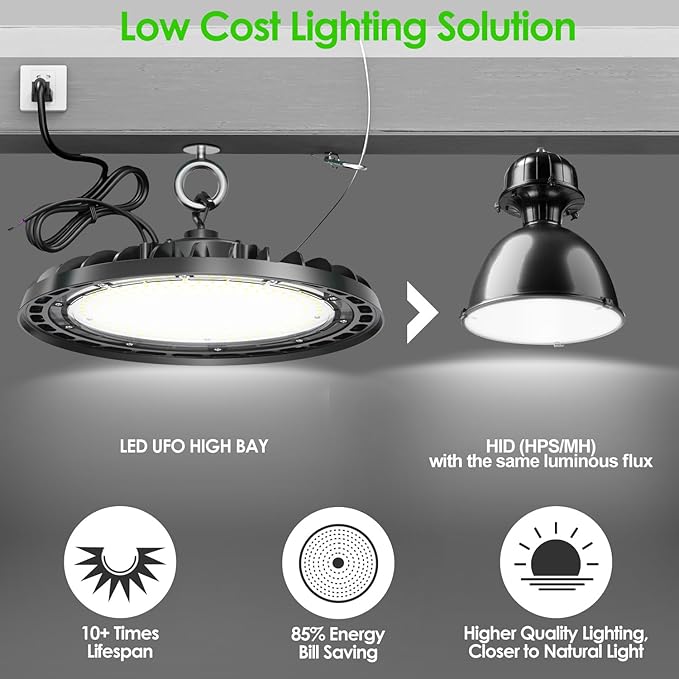 LED High Bay Light 200W, 12' UFO Commercial Lighting Fixture w/Isolated Power Supply, w/Plug for Garage Shop Warehouse Workshop, 5000k 28000lm Dimmable IP65 UL ETL Listed (1-Pack)