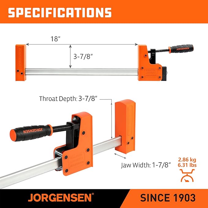 Jorgensen 18” Bar Clamp Set, 2-pack 90° Parallel Clamp Cabinet Master, Steel Jaw Bar Clamp for Woodworking, 1500 lbs load Limited