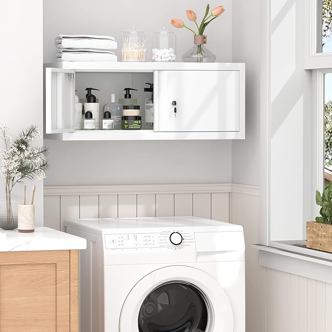 GREATMEET 13" H Metal Cabinets with Doors and Shelves, Metal Wall Cabinet with Lock, Wall Storage Cabinet for Living Room, Kitchen, White