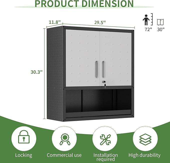Garage Wall Cabinet Metal Storage Cabinet with Lock Wall Mounted Heavy Duty Steel Tool Cabinet with Doors and Shelf Hanging Cabinets for Garage Warehouse Bathroom Kitchen,Assembly Required