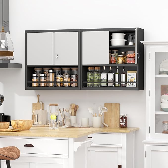 Metal Cabinet Wall Mounted, Garage Wall Storage Cabinets with 2 Door & Adjustable Shelves, Metal Wall Storage Cabinet for Bathroom, Office, Warehouse