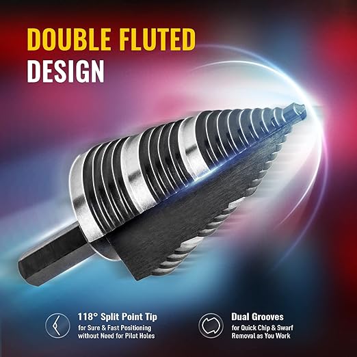 ZELCAN 1PC M2 Step Drill Bit, Faster Drilling Step Bit 3/16 to 1-3/8 Inch, Professional Unibit Drill Bit for Cutting Holes On Sheet Metal, Steel, Wood, Aluminum, PVC, Stepped Up Bit for Electrician