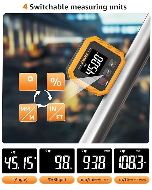 Rechargeable Digital Angle Finder, Digital Angle Gauge with Magnetic Back&Base, ±0.1° Accuracy Protractor Inclinometer Woodworking Tools, IP54, 360° Flip Screen, for Construction, Machinery