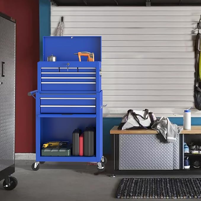 8 Drawer Tools Chest,42.9 inch Tool Cabinet with Universal Lockable Wheels，Organizable Tool Box with Detachable Top Box for Workshop，Blue
