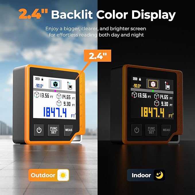 Laser Measuring Tool, 262ft Laser Measure with Digital Angle Finder & Level, Rechargeable Laser Measurement Tool with 2.4'' Color Backlit Display, 6 Units Ft/in/M, Length/Area/Volume/Pythagorean Mode