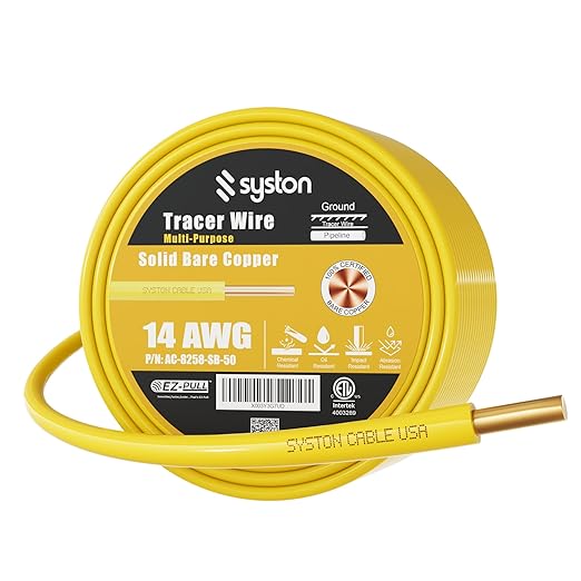 14 AWG Tracer Wire 600V 100% Solid Copper Conductor Direct Burial Underground, Yellow Tracer Wire for Locating Underground Pipes and Lines Gas Electrical Wire Water Sewer Pipe and Fiber Optic, 50 FT