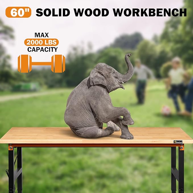 Adjustable Height Workbench, 60" Rubber Wood Top Heavy Duty Workstation with Power Outlets, 2000 LBS Load Capacity Hardwood Worktable for Workshop, Garage, Office, Home, Commercial
