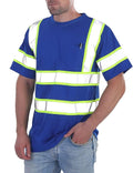 sesafety High Visibility Shirts for Men Class 3 Hi Vis Reflective Construction Shirts for Men with Pocket Safety T Shirt for Mens Work Shirt for Mens Short Sleeve Blue Yellow Strips