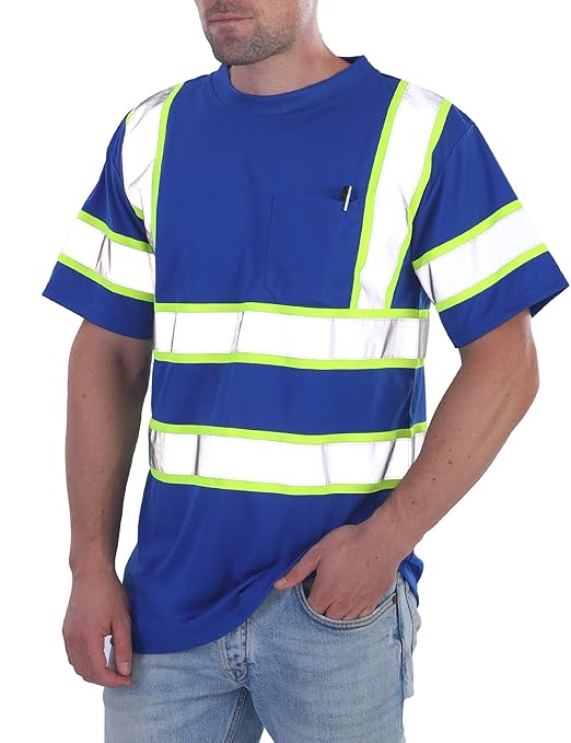 sesafety High Visibility Shirts for Men Class 3 Hi Vis Reflective Construction Shirts for Men with Pocket Safety T Shirt for Mens Work Shirt for Mens Short Sleeve Blue Yellow Strips