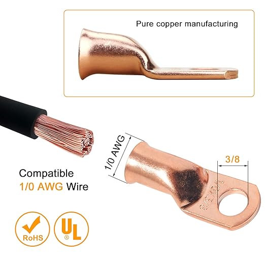 SVAAR 0 Gauge Battery Cable Ends 1/0 AWG 3/8" & 1/0 AWG 5/16" Battery Lugs 1/0AWG Bare Copper Lugs Kit 12 PCS 0 Gauge Wire Lugs Ring Terminals +12PCS 3:1 Heat Shrinks + Hex Nuts and Flat Washers
