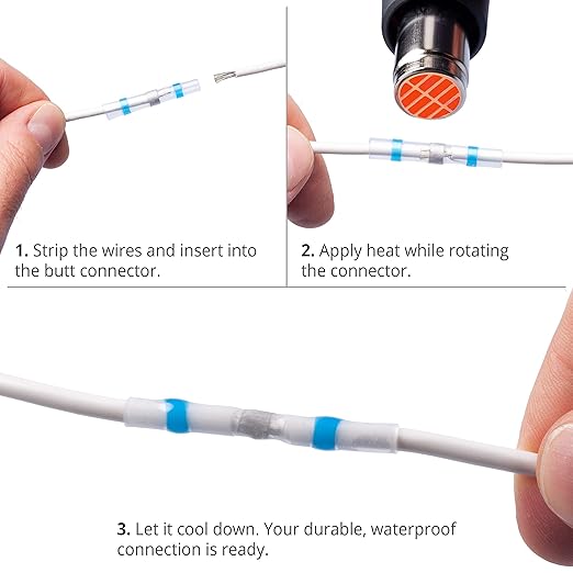 Wirefy 120 PCS Solder Seal Wire Connectors - Heat Shrink Solder Butt Connectors - Waterproof Solder Sleeves - Self Soldering Wire Connectors - Blue 16-14 AWG