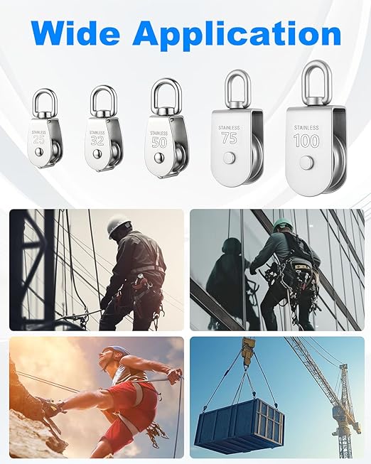 Rocaris 4 Pack M50 Single Pulley Snatch Block Lifting Crane Heavy Duty Swivel Hook 304 Stainless Steel, 3/8" Rope x 2" Sheave, 880lbs Load
