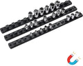 ALOANES Magnetic Socket Organizer Set, 3-Piece Heavy Duty Aluminum Socket Holder Socket Rail Organizer for Tool Box, 360°Swivel Clips Socket Rack 1/4, 3/8, 1/2-Inch x 40 Clips (Black)