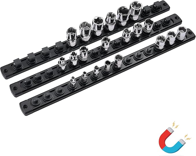 ALOANES Magnetic Socket Organizer Set, 3-Piece Heavy Duty Aluminum Socket Holder Socket Rail Organizer for Tool Box, 360°Swivel Clips Socket Rack 1/4, 3/8, 1/2-Inch x 40 Clips (Black)