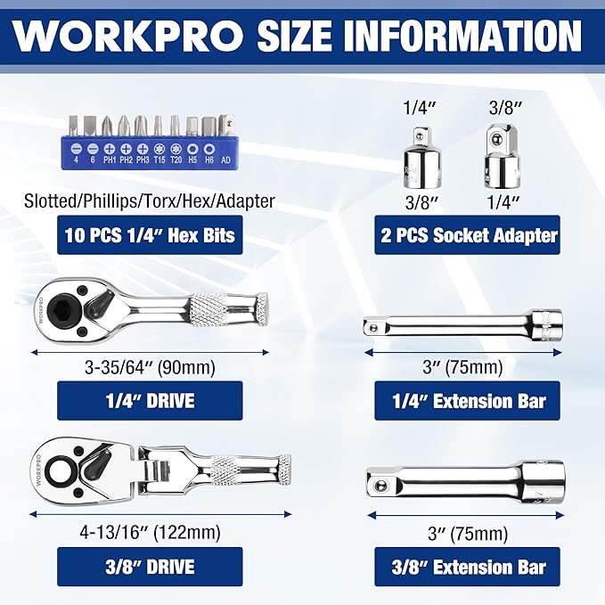WORKPRO Flex Head Stubby Ratchet & Bit Driver Set 16 PCS, 1/4", 3/8" Drive Ratchet Handle Wrench, 72-T Quick-Release Reversible Socket Wrench, 2 Socket Adapters, 2 Extension Bars, 10 PCS 1/4" Hex Bits