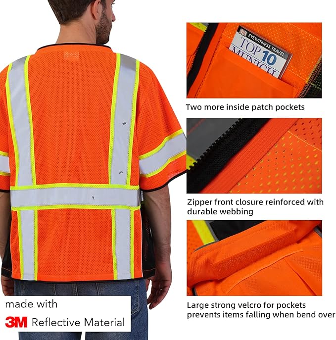 Dib Safety Reflective Mesh Vest ANSI Class 3, High Visibility with Pockets and Zipper, Made with 3M Reflective Tape, Orange L