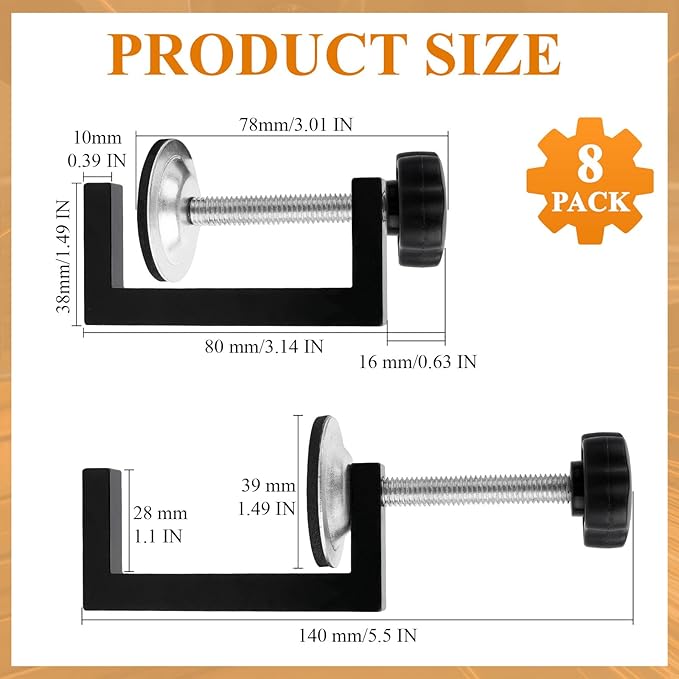 8Pcs C Clamps for Woodworking, Small Heavy Duty Adjustable Desk G-Clamp, Cabinet Clamps Face Frame Clips with Stable Wide Jaw Black For Workpiece Fixing Welding Mounting Hand Tool Parts