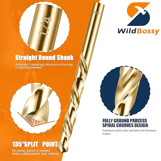 Cobalt Left Hand Drill Bit Set (1/16"-1/4") 13PCS, M35 High Speed Steel Jobber Length Drill Bit Kit for Removing Broken Stubs, Bolts and Screws, Reverse Twist Drill Bits