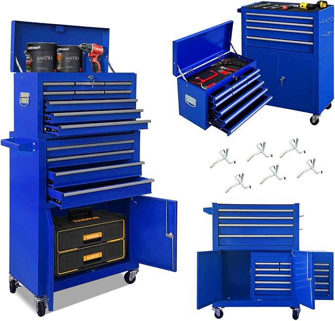 13-Drawer Tool Chest with Double Door and Wheels, Large Detachable Tool Box with Sliding Drawers, Mechanic Toolbox Storage Cabinets, Metal Tool Cart for Garage Workshop (Blue)