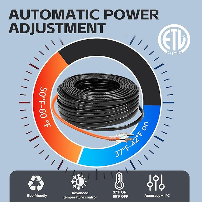 100FT（3FT-200FT） Pipe Heating Cable for Pipe Freeze Protection, Heat Cable for Water Pipes(Metal and Plastic), Pipe Heat Tape Keeps Water Flowing at -40°F 5w/ft, 120V