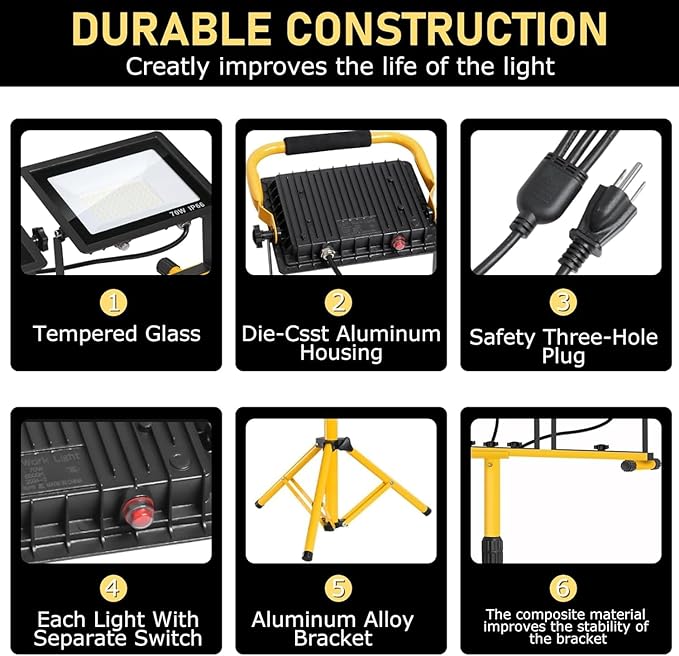 21000 Lumen LED Work Light with Stand -3 Head Portable Work Light 6500 Kelvin Color IP66 Waterproof Tripod Worklights for Job Site Workshop Garage Construction Site Lighting (3-Head)