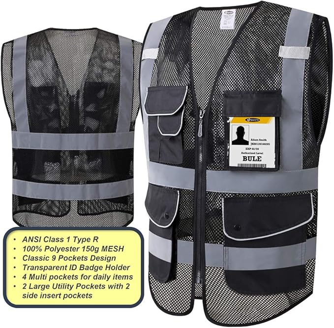 JKSafety 9 Pockets High Visibility Zipper Front Safety Vest With Reflective Strips,HQ Breathable Mesh, Oxford Fabric for pocket materials. Black Meets ANSI/ISEA Standards (XX-Large, 110-Black)